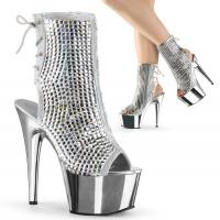 ADORE-1018DCS Pleaser high heels platform open toe ankle boot silver chrome rhinestones