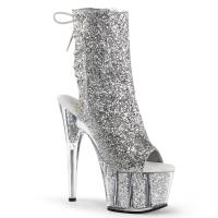 ADORE-1018G Pleaser High-Heels Fersen- u. Zehenfreie Plateaustiefeletten silber Glitter