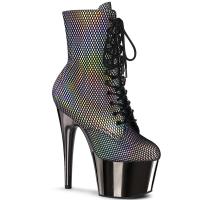 ADORE-1020HFN Pleaser high heels platform ankle boot silver holo fishnet pewter chrome