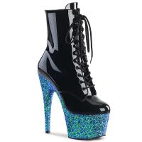 ADORE-1020LG Pleaser High-Heels Plateau Schnürstiefeletten schwarz Lack blau Glitter