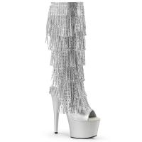 ADORE-2024RSF Pleaser high heels platform knee high fringe boots silver metallic