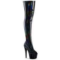 ADORE-3011HWR Pleaser vegan platform peep toe stretch tigh high boot black holo stretch patent