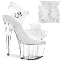 ADORE-708BFL Pleaser High-Heels Sandaletten klar-weiß Organzablume mit Perlen