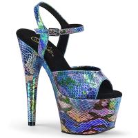 ADORE-709SP Pleaser vegan platform ankle strap sandal blue holo snake print