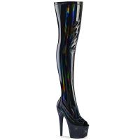 BEJEWELED-3011-7 Pleaser peep toe thigh high heels platform boot rhinestones midnight black holo patent