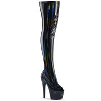 BEJEWELED-3011-7 Pleaser Peep Toe Overkneestiefel Stretch schwarz Holo Lack Strass