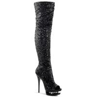 BLONDIE-3011 Pleaser high heels dual platform open toe thigh boot black sequins rhinestones