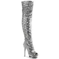 BLONDIE-3011 Pleaser high heels dual platform open toe thigh boot silver chrome sequins rhinestones