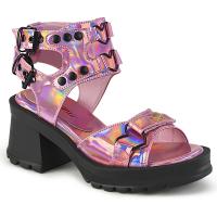 BRATTY-07 DemoniaCult double buckle strap sandal heart ring studs pink holo patent
