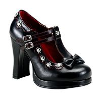 CRYPTO-06 Demonia Damen Plateau Pumps Riemen Totenkopf Nieten Schleife schwarz Lederoptik
