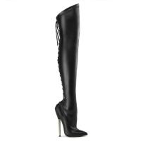DAGGER-3060 Devious high heels solid brass heel back lace up thigh boots black pu