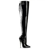 DAGGER-3063 Devious High Heels Overkneestiefel schwarz Lack D-Ring-Schnürung