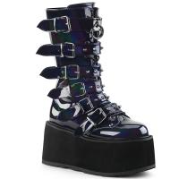 DAMNED-225 DemoniaCult vegan platform mid-calf boot black hologram cone-studded straps