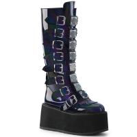 DAMNED-318 DemoniaCult platform knee high boot black hologram 8 buckle straps metal plates