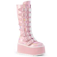 DAMNED-318 DemoniaCult platform knee high boot baby pink hologram 8 buckle straps metal plates