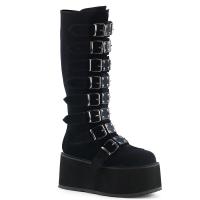 DAMNED-318 DemoniaCult platform knee high boot black velvet 8 buckle straps metal plates