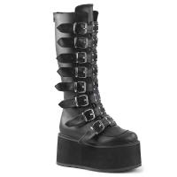 DAMNED-318 DemoniaCult platform knee high boot black vegan leather 8 buckle straps metal plat