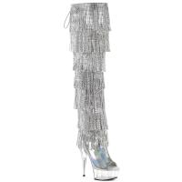 DELIGHT-3017HG-RSF Pleaser Plateauoverkneestiefel silber Holo Strass Fransen