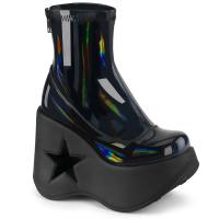 DYNAMITE-100 DemoniaCult vegan star cutout wedge ankle boot black stretch holo patent