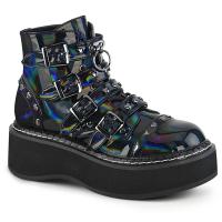 EMILY-315 DemoniaCult platform ankle boot black hologram vegan leather with heart studs