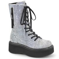 EMILY-362 DemoniaCult vegan platform mid-calf boot rhinestone silver matte