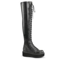 EMILY-375 DemoniaCult platform tigh high lace-up boots black stretch vegan leather