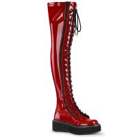 EMILY-375 DemoniaCult platform tigh high lace-up boots red black stretch patent