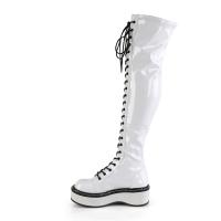 EMILY-375 DemoniaCult platform tigh high lace-up boots white black stretch patent