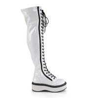 EMILY-375 DemoniaCult platform tigh high lace-up boots white black stretch patent