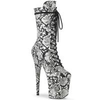 FLAMINGO-1050SP Pleaser vegan high heels platform mid calf boot black white snake print