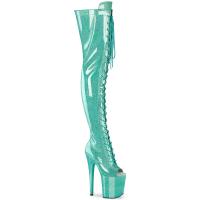 FLAMINGO-3021GP Pleaser vegan high heels peep toe thigh high boot aqua glitter patent