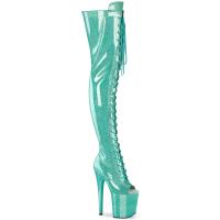 FLAMINGO-3021GP Pleaser High Heels Peep Toe Plateauoverkneestiefel aqua Glitter Lack