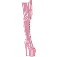 FLAMINGO-3021GP Pleaser vegan high heels peep toe thigh high boot baby pink glitter patent