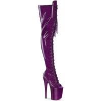 FLAMINGO-3021GP Pleaser vegan high heels peep toe thigh high boot purple glitter patent