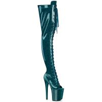 FLAMINGO-3021GP Pleaser vegan high heels peep toe thigh high boot teal glitter patent