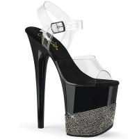 FLAMINGO-808-3 Pleaser ankle strap high heels sandal black pewter rhinestone clear