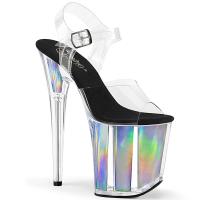 FLAMINGO-808HGI Pleaser vegan ladies high heels platform ankle strap silver hologram inserts