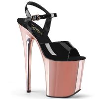 FLAMINGO-809 Pleaser high heels platform ankle strap sandal black patent rose gold chrome