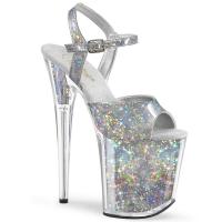 FLAMINGO-809HS vegan Pleaser high heels ankle strap sandal silver holographic stars and inserts