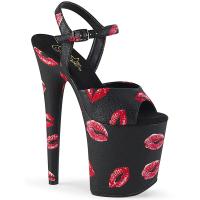 FLAMINGO-809KISSES Pleaser high heels ankle strap sandal black with lip print