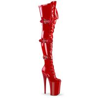 INFINITY-3028 Pleaser High-Heels Overkneestiefel rot Stretchlack 3 Schnallen