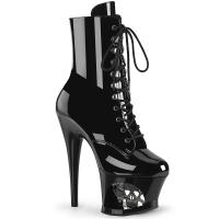 MOON-1020SK Pleaser vegan high heels ankle boot pewter skull bones black patent