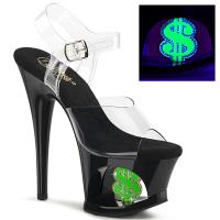 MOON-708USD Pleaser ankle strap sandal rhinestones clear black neon green dollar sign