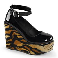 POISON-03 Demonia Damn Keil Plateau Riemchen Pumps schwarz Lack Tiger Kunstfell