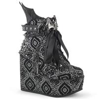POISON-107 DemoniaCult wedge platform ankle bootie spikes bat chain batwing black silver nubuck matte