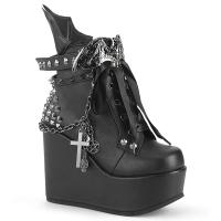 POISON-107 DemoniaCult vegan wedge platform ankle bootie spikes bat buckle chain batwing black matte