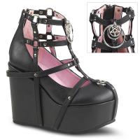 POISON-25-1 DemoniaCult wedge platform cage bootie pentagram o-ring black matte
