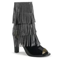 QUEEN-100 Pleaser Pink Label Damen Peep Toe Stiefeletten Fransen mit Strass schwarz Lack