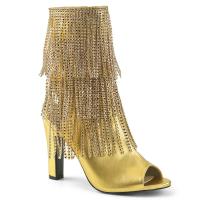QUEEN-100 Pleaser Pink Label Peep Toe Stiefeletten Fransen Strass gold Metallic Lederlook
