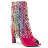 QUEEN-100 Pleaser Pink Label Damen Peep Toe Stiefeletten Fransen mit Strass hotpink Lack